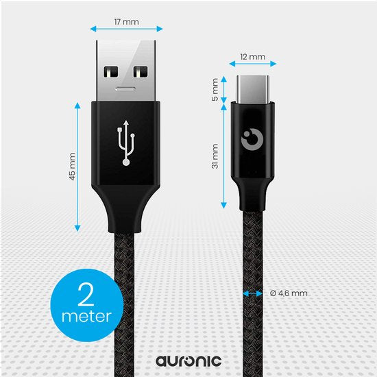 Auronic Câble USB-C - 2M - 2,4A - USB C vers USB-A - Nylon tressé - Noir