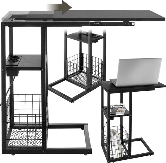 tectake® Table pour ordinateur portable avec station de charge - Prise de courant incluse - Table pour ordinateur en forme de C - Table d'appoint - Table de chevet - Avec porte-journaux et étagère supplémentaire - Noir