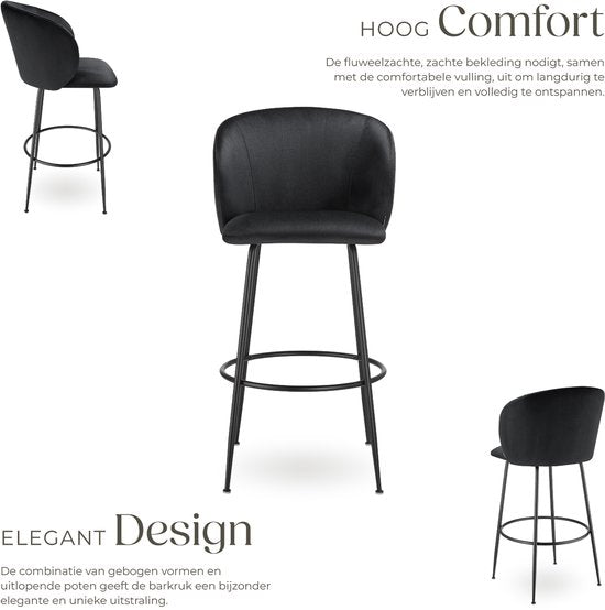 tectake® - Lot de 2 tabourets de bar Luana - Tabouret de bar rembourré avec dossier - Tabouret de bar avec repose-pieds - Chaise de salle à manger avec revêtement en velours - Pieds en acier robuste avec protection antidérapante du sol - Noir/noir