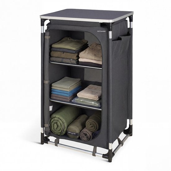 TRVLMORE Camping Cabinet XL - Cuisine de camping - Capacité de charge 90KG - Structure en aluminium - Pliable - Sac de transport inclus - 50x60x97CM - Gris
