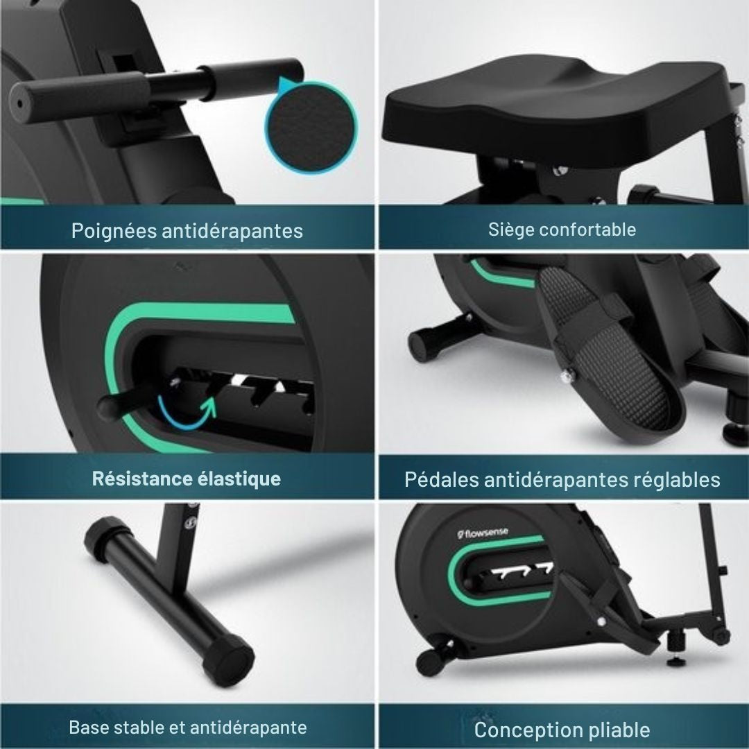 Rameur Flowsense Elvora Lite - pliable - Résistance élastique - Affichage LCD - Silencieux et compact - Pour utilisateurs jusqu'à 200 cm / 115 kg - noir