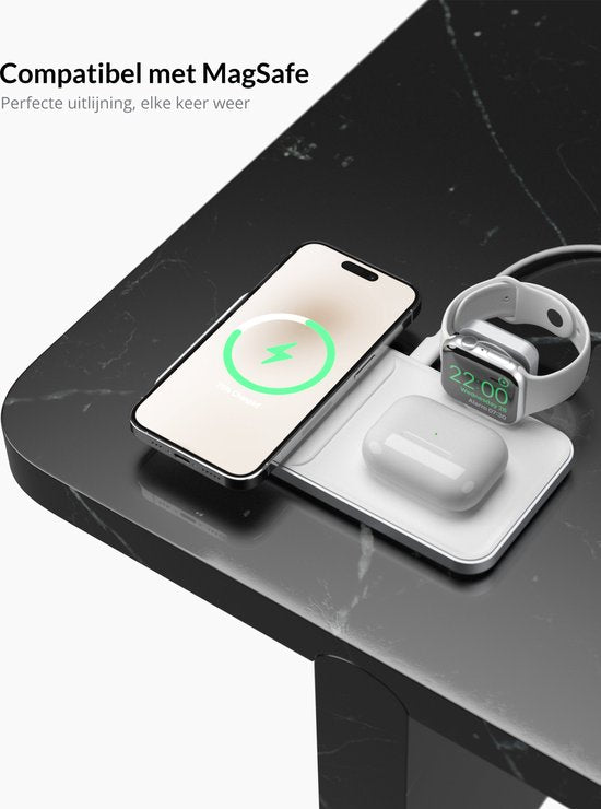 Favolt Site:3 Magsafe 3 in 1 Wireless Charger (MFi/QI) Magnetic Charging Station for iPhone Apple Watch AirPods Silver