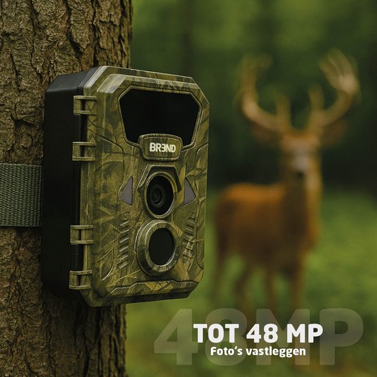 BREND BR-2248 Caméra pour animaux sauvages avec vision nocturne à 20 mètres - Image 48MP et vidéo 4K - IP66 - Détecteur de mouvement - Écran 2 pouces - Carte SD 32 Go incluse