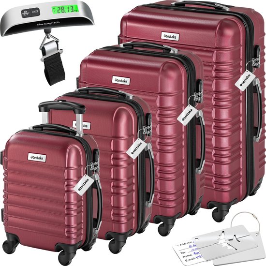 tectake® - Ensemble de valises à coque dure 4 pièces - Ensemble de valises de voyage à roulettes - ABS - Poignée télescopique et serrure - Pèse-bagages inclus - Tailles des trolleys S-M-L-XL - Rouge