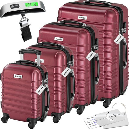 tectake® - Ensemble de valises à coque dure 4 pièces - Ensemble de valises de voyage à roulettes - ABS - Poignée télescopique et serrure - Pèse-bagages inclus - Tailles des trolleys S-M-L-XL - Rouge
