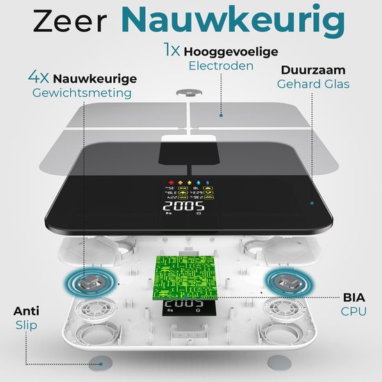 e.volve Scale Pèse-personne numérique - 16x - Noir - Pèse-personne intelligent avec analyse du corps - Pèse-personne de précision - App. incluse