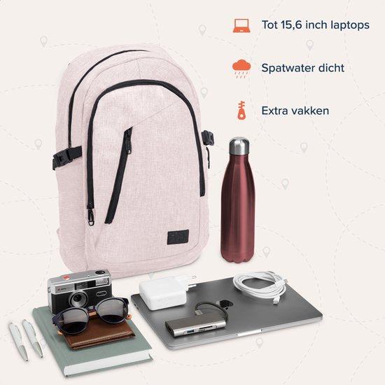 TRVLMORE Sac à dos - 25L - 15.6 Inch - Sac à dos pour ordinateur portable avec USB - Cartable - Homme et Femme - Sac Rose
