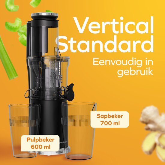 KitchenBrothers Slowjuicer - Vertical - Presse-agrumes - Presse-légumes et fruits - 80 mm - 750 ml - Noir