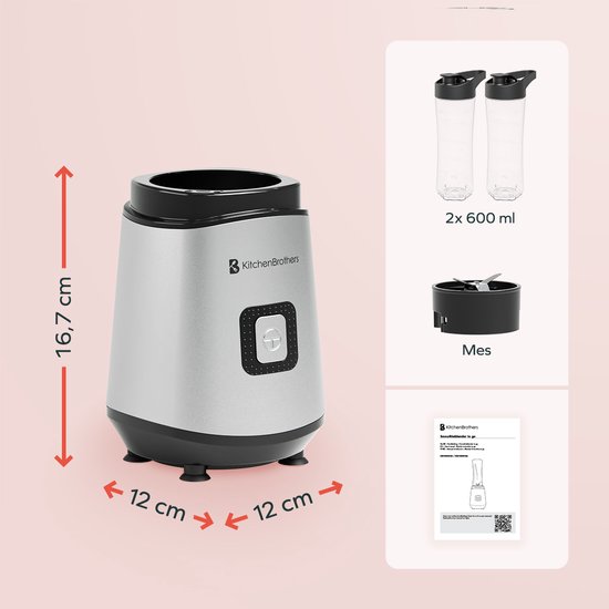 KitchenBrothers Mini Blender - Blender to Go - Smoothie Maker - 2 To-Go Cups 600 ml - acier inoxydable