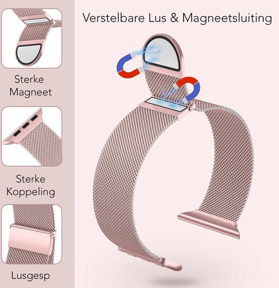Podec Smartwatch Bracelet magnétique en acier inoxydable rose - Convient à l'Apple Watch - Bracelet adapté à l'iWatch 38 / 40 / 41 mm - Convient aux séries 1/2/3/4/5/6/7/SE