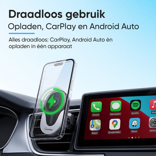 CarMe 4-in-1 CarPlay Dongle - Avec chargeur sans fil - Wireless CarPlay & Android Auto - Android Auto Dongle - MagSafe Car Holder - Noir