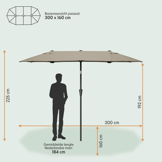 LifeGoods Parasol double - jardin - 160x300cm - jusqu'à 8 personnes - imperméable - UPF50+ - Taupe