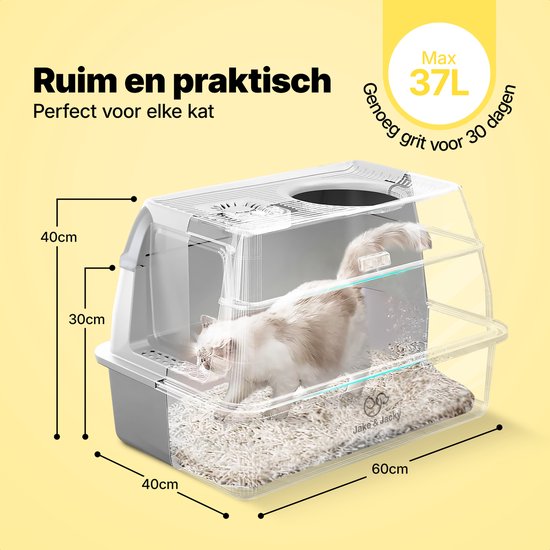 Jake and Jacky Stainless Steel Litter Box Hop In - Toilette pour chat en acier inoxydable - avec pelle à litière et support et marche de ramassage des gravillons - entrée par le haut - bac à litière ouvert 3 en 1 avec couvercle amovible - 60x40x38cm