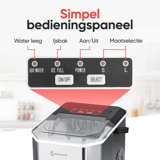 Kitchenwell Machine à glaçons - 1.3L - Machine à glaçons - Cuillère à glaçons - 12kg/24 heures - Portable - Fonction auto-nettoyante - acier inoxydable