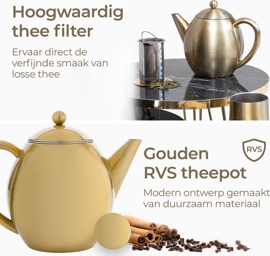 Vaja® Théière Valérie Gold - Double paroi - 1,2 litre - Théière en acier inoxydable avec filtre et porte-bouilloire