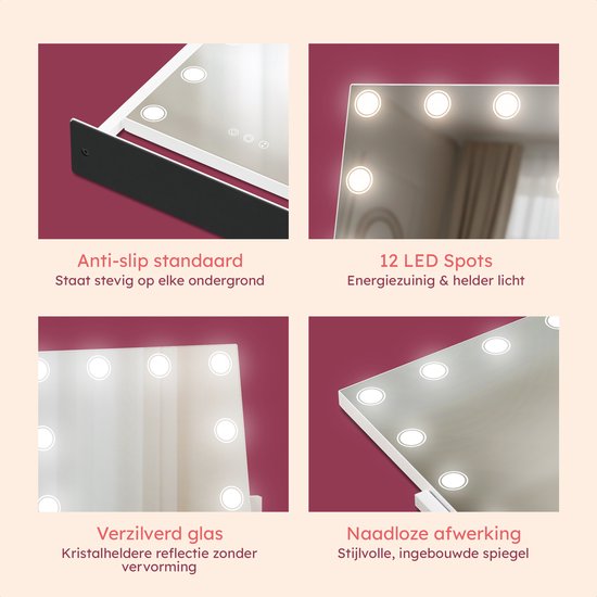 Fraay® Hollywood Mirror with Lighting 41x30cm - 3 Light Stages - Make-up Mirror with 10x Magnification Mirror - LED Spot Lighting Dimmable - Incl. Beauty Blenders and Powder puff