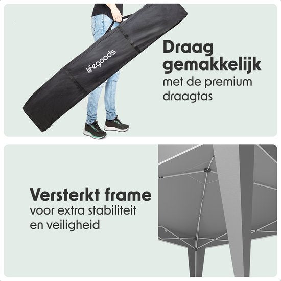 LifeGoods Party Tent Plus - Tente pliante - 3x3 m - Montage facile - Armature renforcée - Imperméable - Sac de transport - Gris
