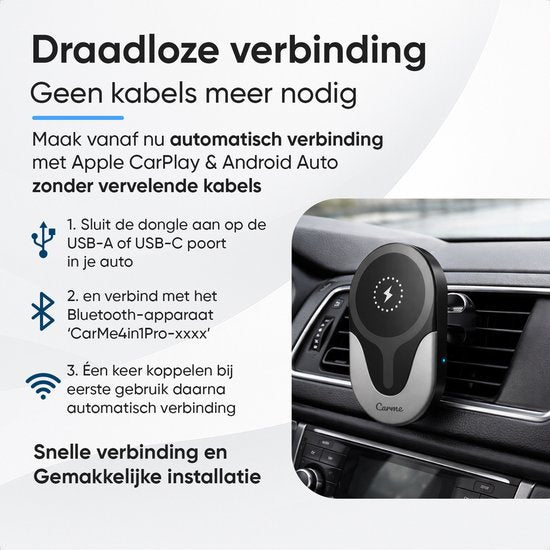CarMe 4-in-1 CarPlay Dongle - Avec chargeur sans fil - Wireless CarPlay & Android Auto - Android Auto Dongle - MagSafe Car Holder - Noir