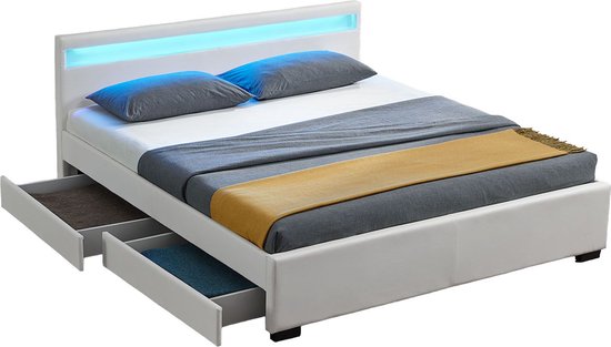 Lit capitonné Lyon - 140 x 200 cm - Blanc - LED Lighting & Bed drawers