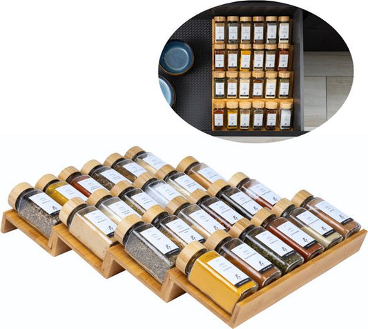 Organess Spice Rack Drawer - 4 Layer - For 28 Spice Jars - Bamboo - Spice Organiser - Kitchen Drawer Organiser