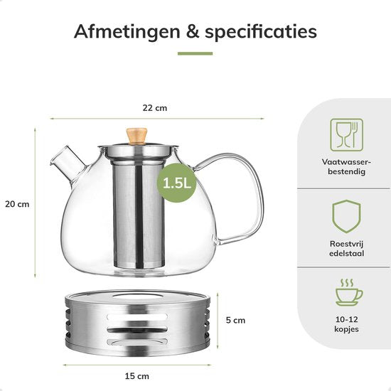 Deleca Théière en verre avec filtre et chauffe-plat - Verre borosilicaté - Tamis en acier inoxydable - Cadeau de Noël - Pour thé en vrac / fleurs de thé - 1.5L