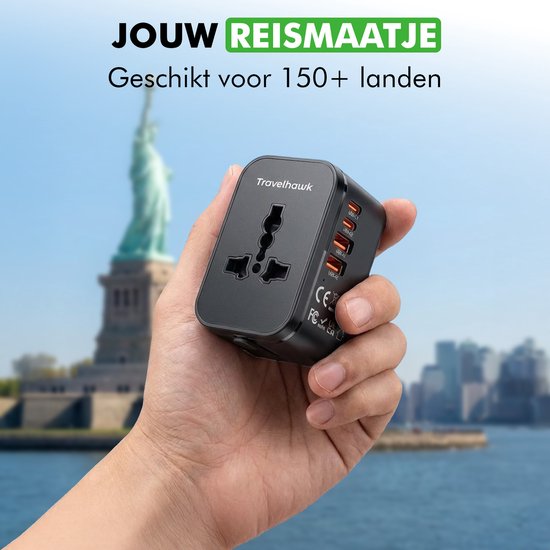 Travelhawk World plug avec 2x USB-C et 2x Port USB - Prise de voyage - Connecteur USB - Prise de voyage internationale pour plus de 150 pays - Amérique (USA) - Angleterre (UK) - Australie - Asie - Amérique du Sud - Afrique - Prises mondiales - Noir