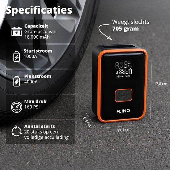 FlinQ 12V Jumpstarter for Car & Motorbike - 4-in-1 Air Compressor, LED Flashlight, SOS Emergency Light & Powerbank - Electric Tyre Pump - Starting Aid - Including Storage Bag