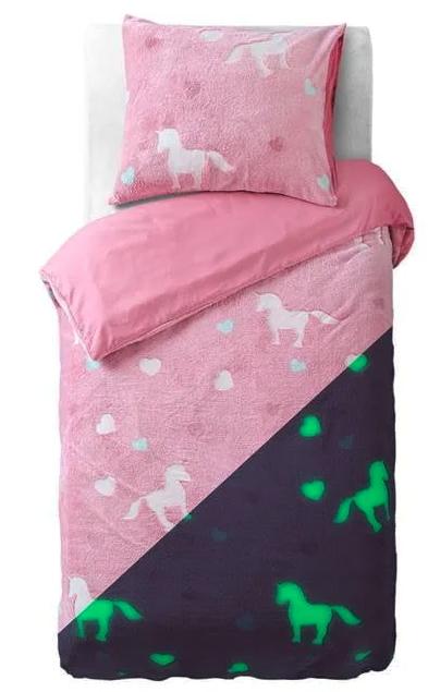 Sleeptime - Housse de couette Licorne phosphorescente - 140x200/220 + 1 taie d'oreiller 60x70 - Rose