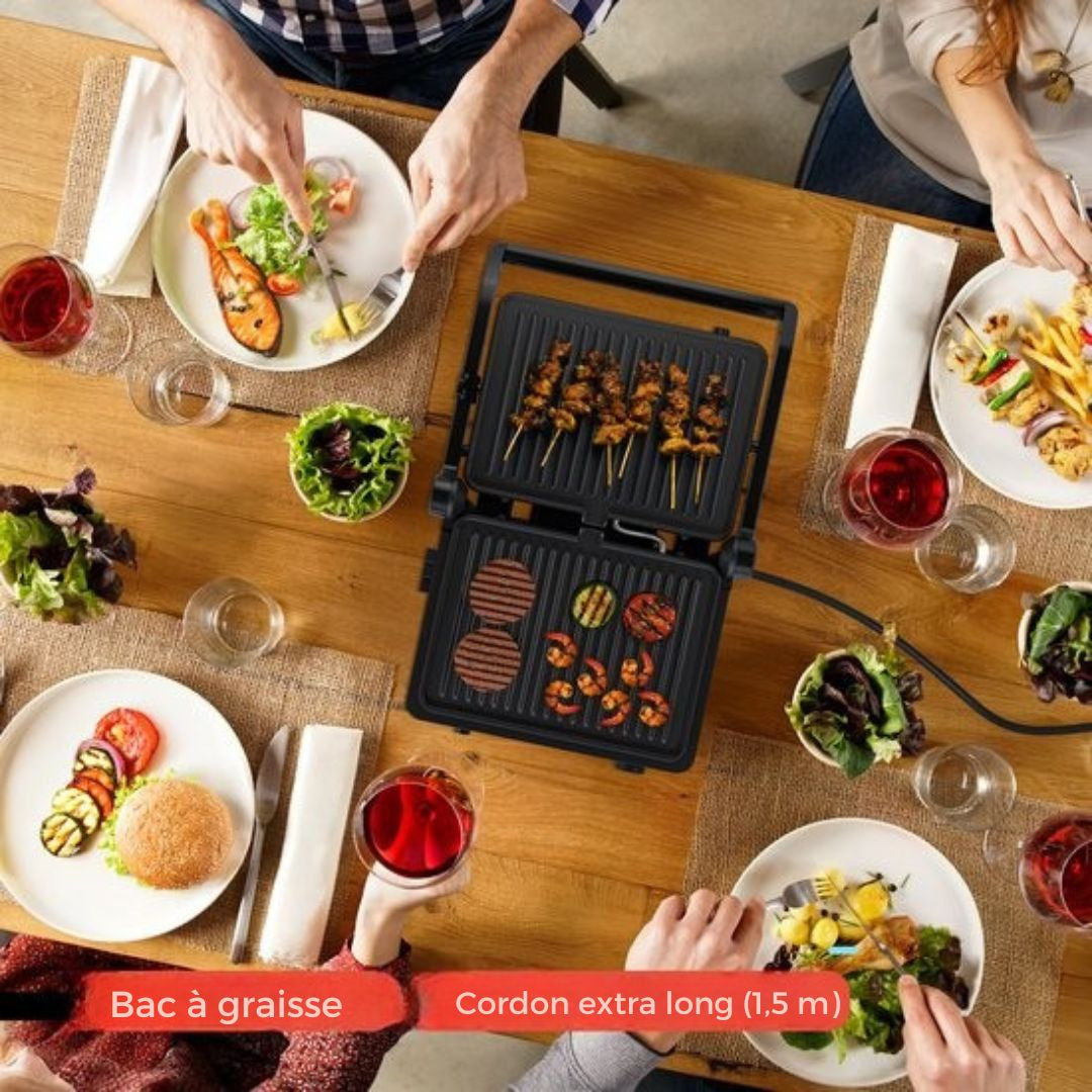Appareil à griller KitchenBrothers - Plaques de gril amovibles - Gril à panini - 3 réglages de hauteur - Fer à toasti - 2000W - Noir
