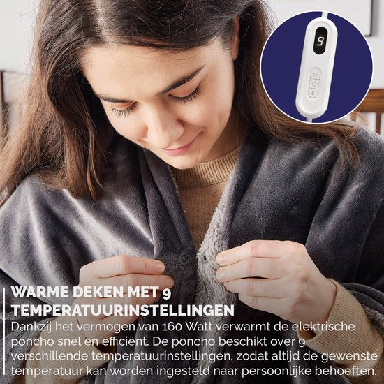 BREND BR-2220 Couverture électrique et Poncho - Sherpa et Flanelle Plaid - Cape de chaleur - 160 x 130 cm - 9 réglages de température - Anthracite