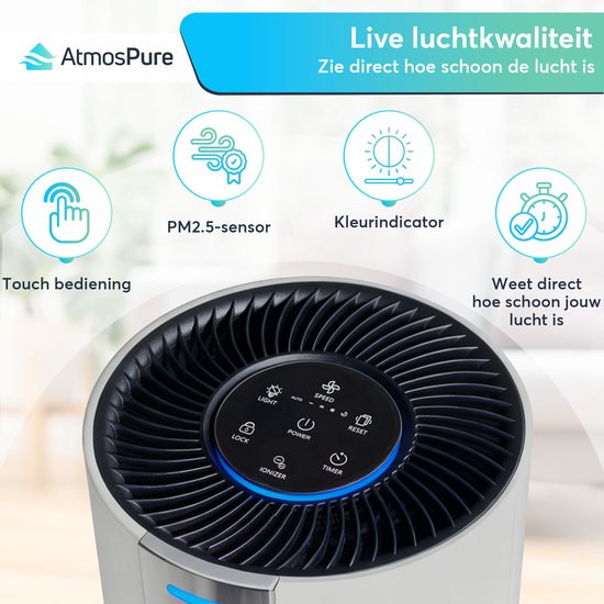 AtmosPure® CleanAir Air Purifier - Purificateur d'air avec filtre HEPA 13 + filtre à charbon remplaçable - CADR 250 m³/h - Blanc - Pour 97 m² - Lutte contre les acariens, le rhume des foins, les allergies, -3 modes + mode sommeil silencieux - Capteur de q