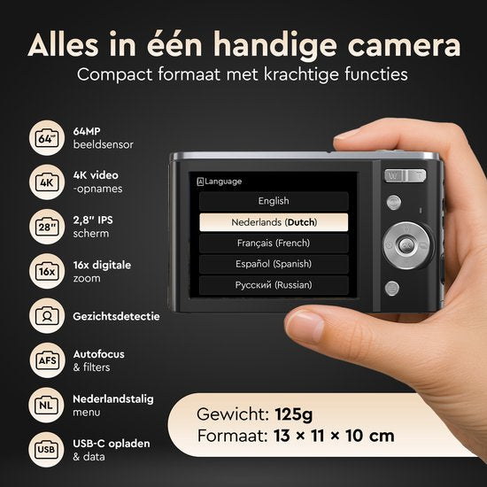 K&L Digital Camera 4K - 64MP - Caméra - Caméra compacte - Caméra Vlog - Pour les enfants - Comprend 64GB - NL Software