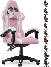 Fauteuil gaming Bigzzia - Fauteuil de bureau ergonomique en cuir PU - Réglable en hauteur - Avec coussin lombaire et appui-tête - Fauteuil gaming confortable pour adultes - Filles et garçons