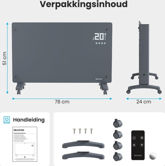 Auronic Electric Heater - Convector Heater with Thermostat and Remote Control - Glass Panel Heater - 2000W Heater - Grey