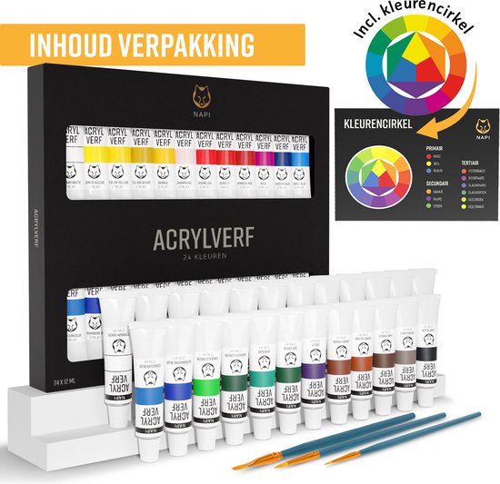 NAPI Peinture acrylique 24 couleurs + 3 pinceaux - Prêt à l'emploi - Cercle de couleurs inclus - Peinture Hobby - Peinture acrylique - 24 Tubes