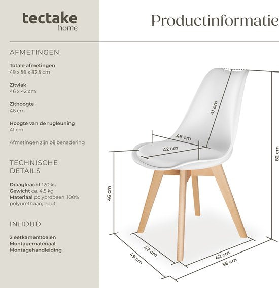 tectake® Dining Chair Frederikke - Lot de 2 chaises de salle à manger avec assise en tissu rembourré - Pieds en bois massif - Chaises ergonomiques adaptées au salon, à la salle à manger, à la chambre et à la cuisine - Capacité 120kg - Blanc