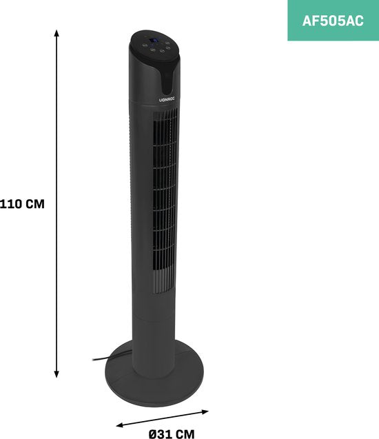 VONROC Luxury Fan - Ventilateur de tour - hauteur 110 cm - télécommande incluse - 3 vitesses - fonction swing - minuterie de 15 heures - noir