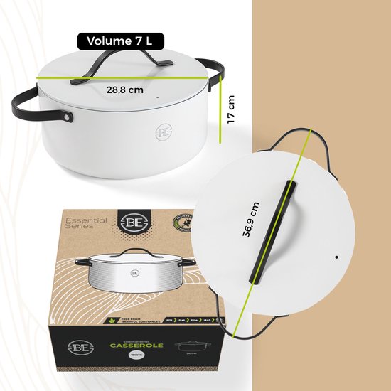 BE Living Essential Casserole avec couvercle - Ø 28 cm - Poêle de cuisson - Céramique - Sans PFAS - Induction - Blanc