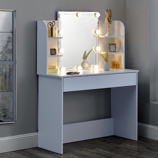 Table de maquillage Bella - Blanc - Miroir et éclairage LED inclus