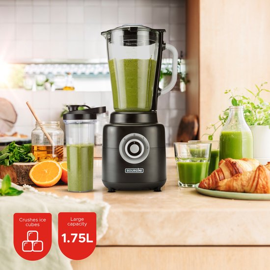 Bourgini PowerBlender - 1.75L - Blender à emporter avec gobelet de 700ml - Blender smoothie et broyeur de glace - 1000 watts - Noir