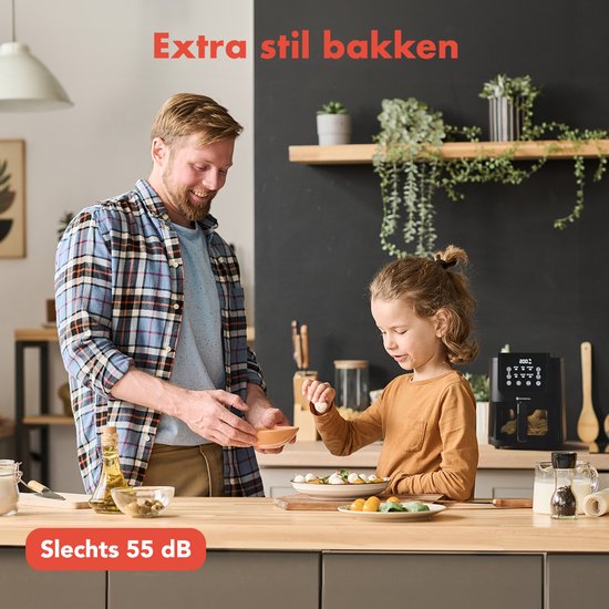 KitchenBrothers Airfryer XL - 5L - 1500W - Friteuse à air chaud - 60ºC à 200ºC - Petit design - Extra silencieux - 6 Programmes de cuisson - Noir