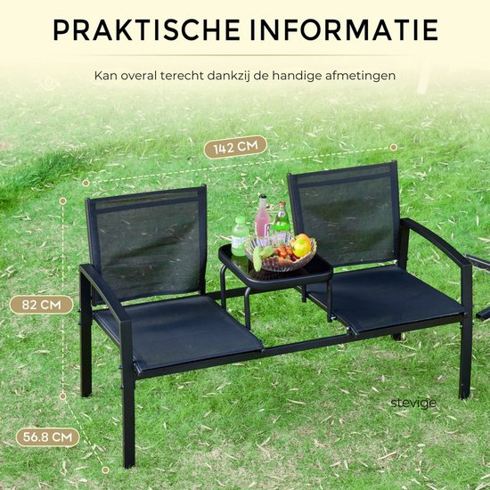 O'DADDY® Garden Bench - Bancs de jardin résistants aux intempéries - Bancs de jardin - Banc de jardin - Banc de jardin avec table - Banc d'extérieur - Pour 2 personnes - 142 x 57 x 82 cm - Métal - Noir