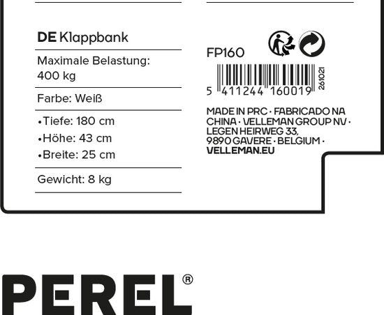 Perel Table pliante, pliable, résistante aux intempéries, poignée, maximum 100 kg, blanc