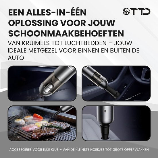TTD® Premium Auto Vacuum Cleaner Cordless and Rechargeable - 17,000 Pa - Handheld Vacuumer - Blow & Suck - Heat Resistant - Compact design - With HEPA filter