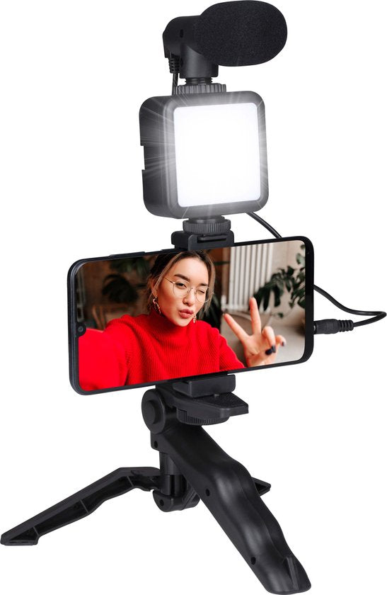 Grundig Phone Tripod with Lamp - Trépied pour téléphone avec microphone - LED avec 3 réglages de couleur - téléphones 53 à 84MM - Table Top et Selfie Stick - Plastique - Noir