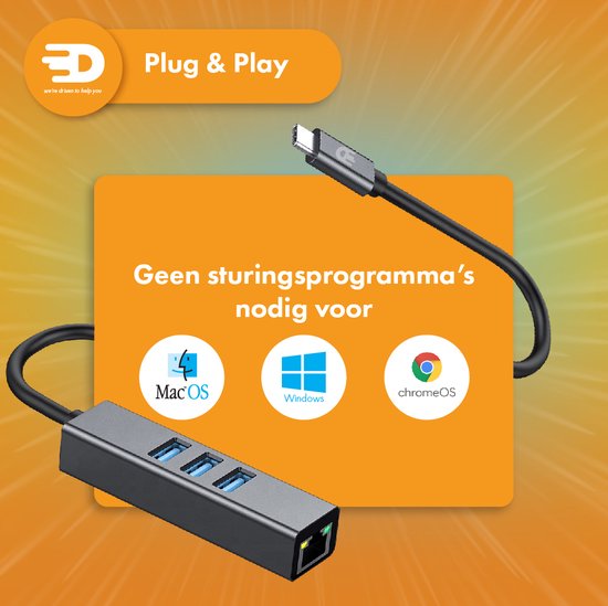 Drivv. Adaptateur USB C vers Ethernet avec 3 ports USB 3.0 - 100/1000 MBps - Adaptateur Internet - Adaptateur réseau