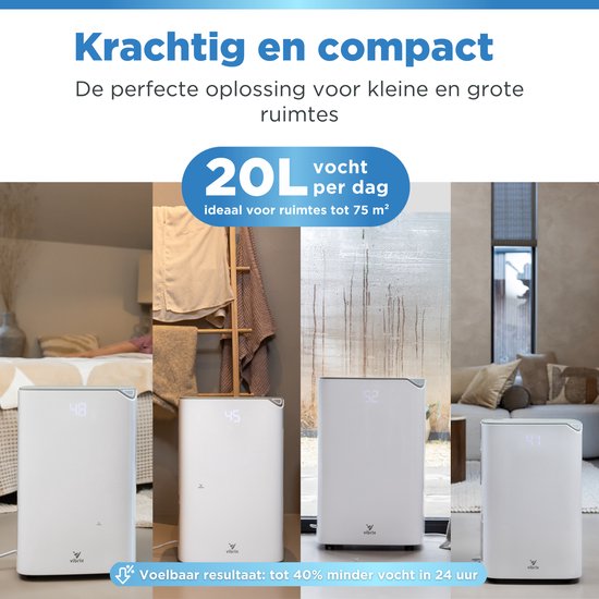 Déshumidificateur Vibrix DryFlow20 - 20L par jour - Fonction séchage du linge - Efficacité énergétique - Déshumidificateur pour salle de bain, sous-sol, grenier et chambre - Déshumidificateur intelligent