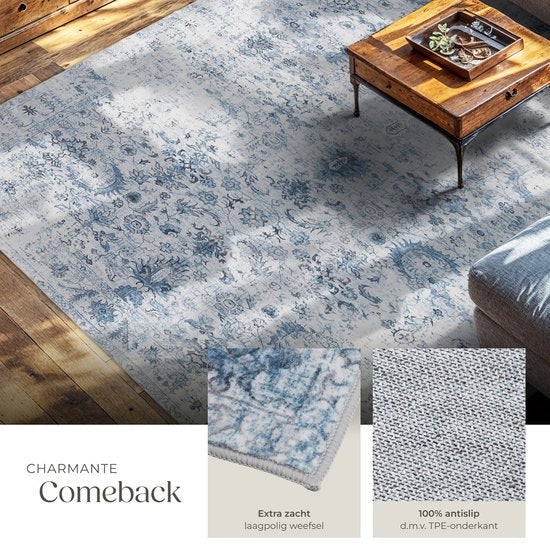 tectake® Tapis au design vintage - Tapis à poils ras - Tapis Boho - Pour le salon, la chambre à coucher, la chambre d'enfant ou d'adolescent - Lavable - 240cm x 340cm - bleu