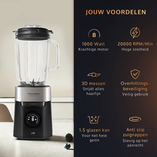 JAP Appliances AeroBlend - Mixeur puissant (1000W) avec 8 vitesses et 3 réglages - Grand pichet en verre de 1,5 litre - Bouchon doseur 20-40ml - Smoothie maker - Broyeur à glace - Noir