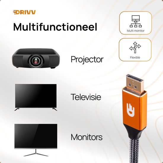 Drivv. Câble Displayport - 8K 60Hz - 4K 144 Hz - 32.4GBps - Displayport 1.4 - Câble DP - 2 mètres - Orange